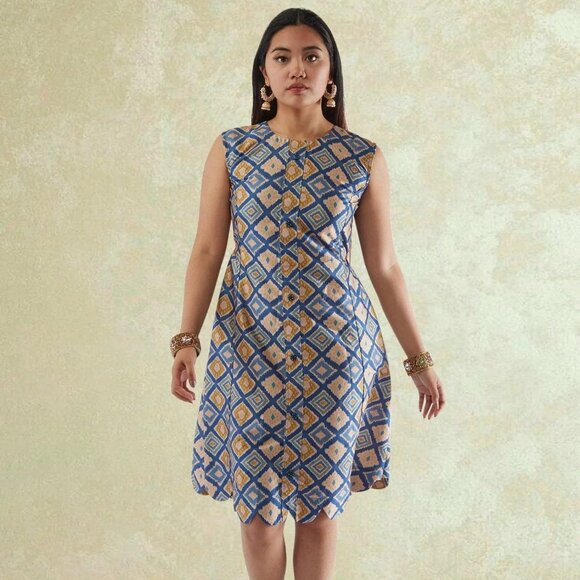 Cream and Blue Raw Silk Knee-Length Dress | Muvvas Boutique - Picture 2 of 5